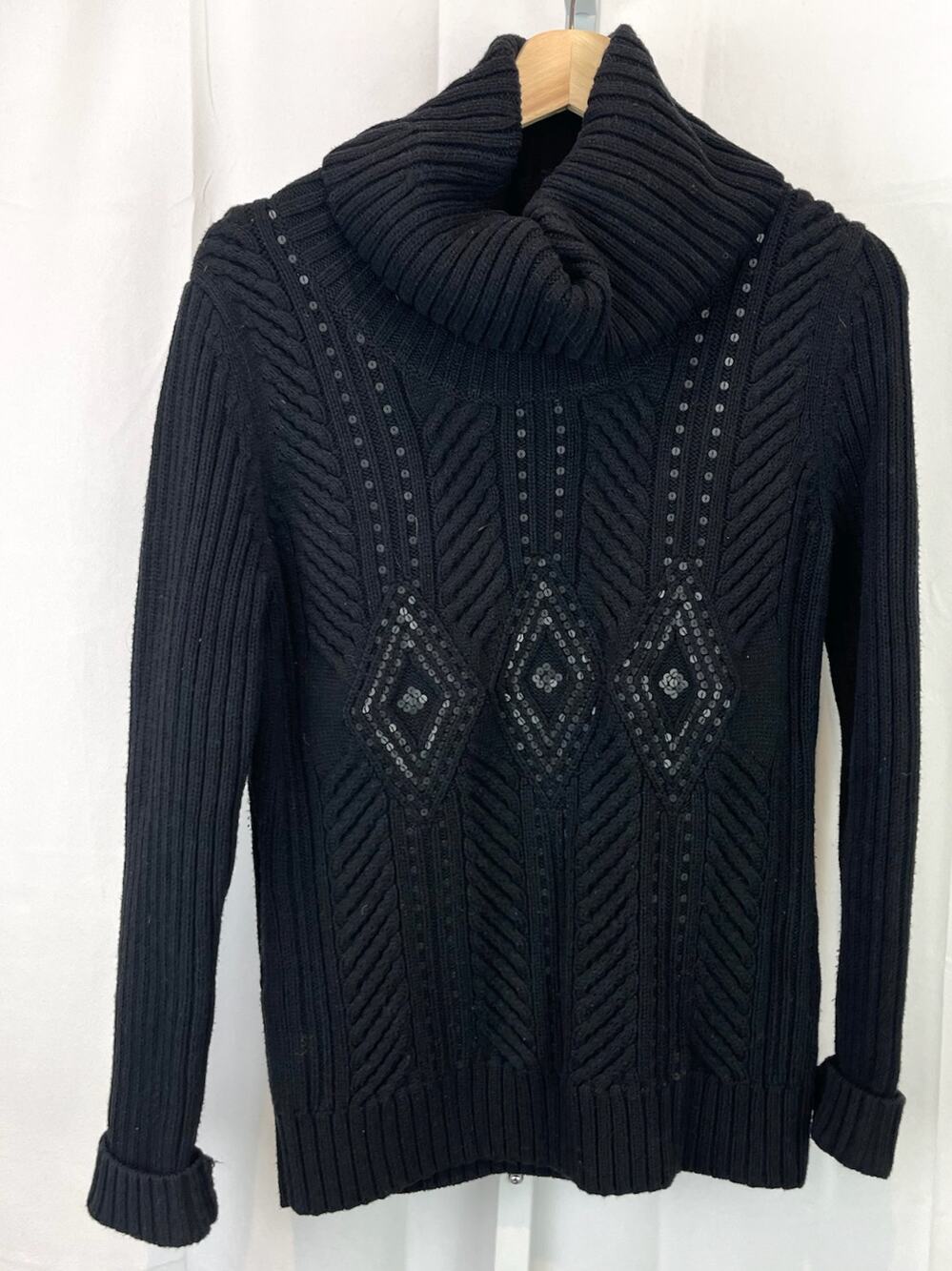 TALBOTS M Sequin Cowl Turtleneck Sweater Ribbed Knit Cotton Wool Blend Black